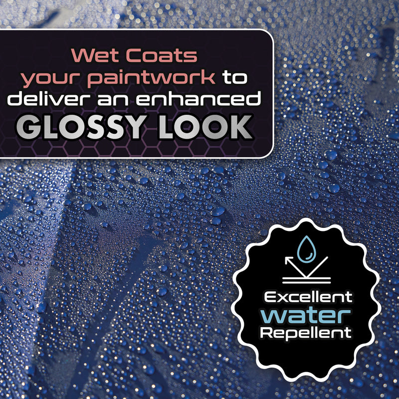 Text and logo promoting water repellent coating for paintwork with a glossy finish.