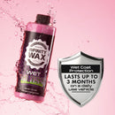 Infinity Wax bottle with wet coat protection claim on a pink background